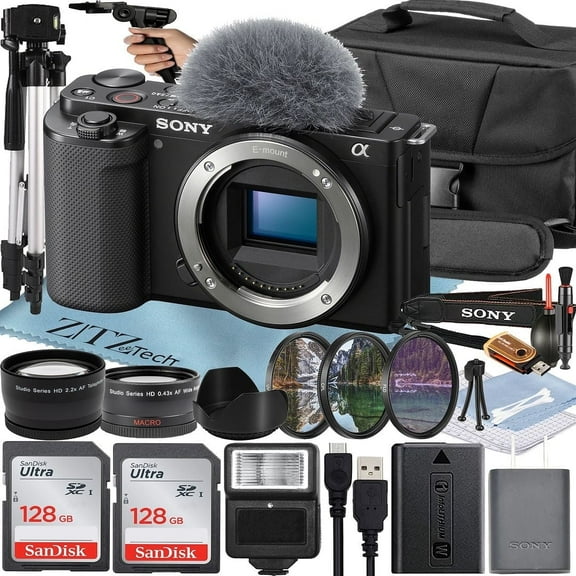 Sony ZV-E10 Mirrorless Camera (Body) with 2 Pack 128GB Memory Card   Flash   Tripod   Case   ZeeTech Accessory Bundle (Black) (International Version)