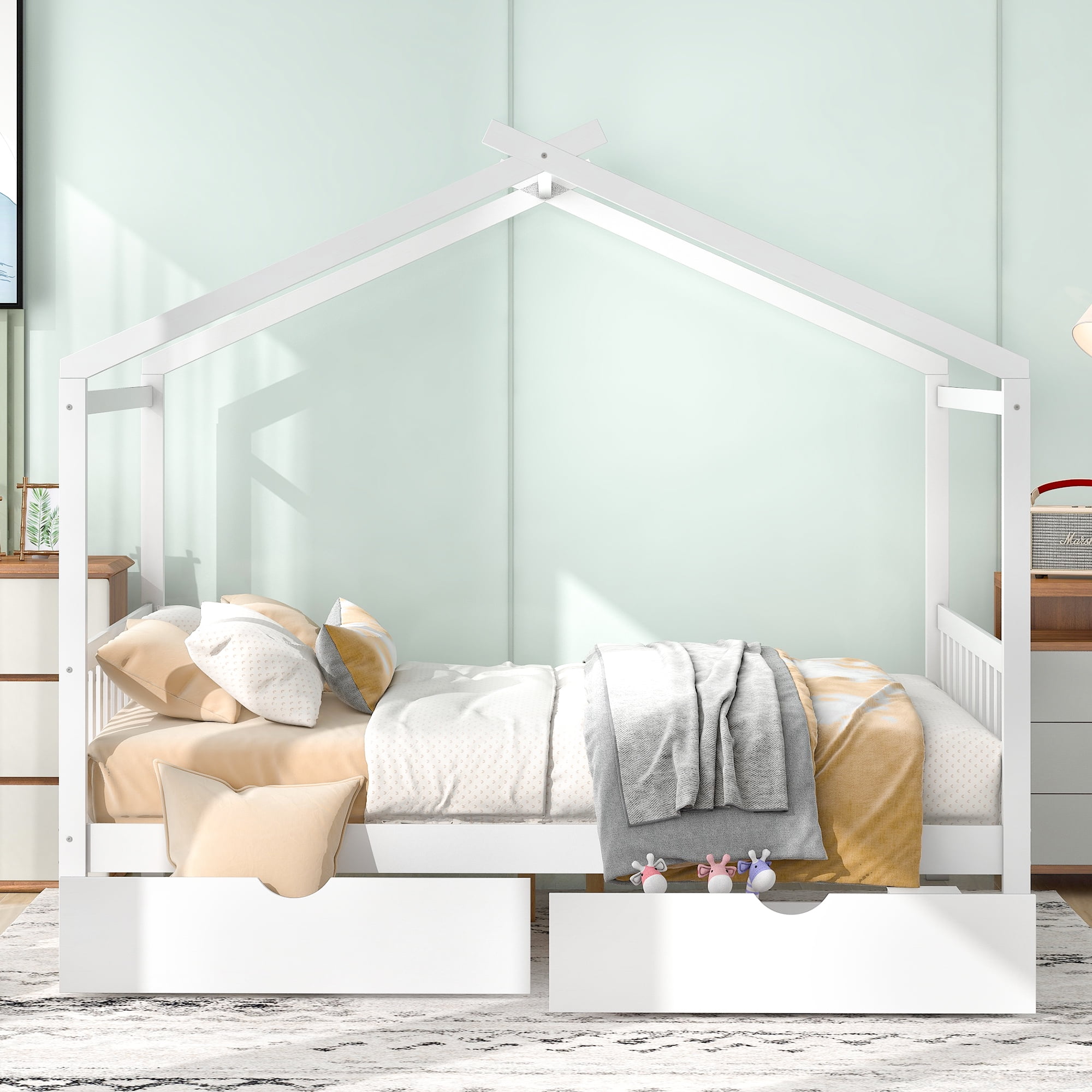 Aukfa Full House Bed with Storage Drawers, Wood Montessori Bed - White