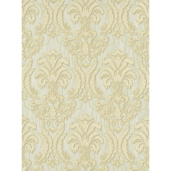 Concord Wallcoverings Textured Wallpaper Damask Featuring Floral Ornament, Cream Satin, 21 In x 33 Ft (56 sq. ft), 578014