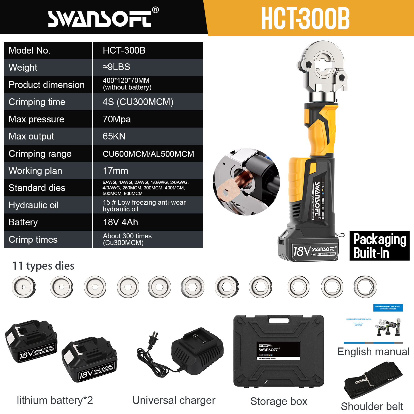 SWANSOFT Electric Hydraulic Crimping Tool, 6 Ton 6AWG-600MCM Battery Powered Crimper for Cu/Al Terminals, 20000 Cycles Wire Lug Crimping Tool Kit (300B-Yellow)