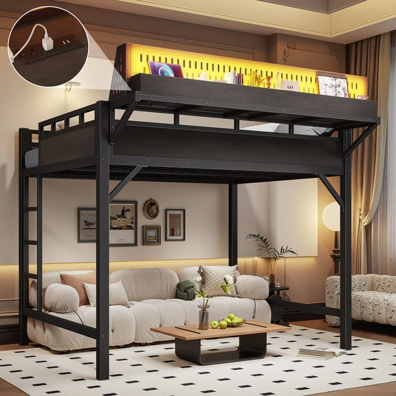Black Ful size Loft Bed Frame with Storage Shelves and Pegboard Metal Loft – Mdf, Modern Style, LED Light, for Bedroom
