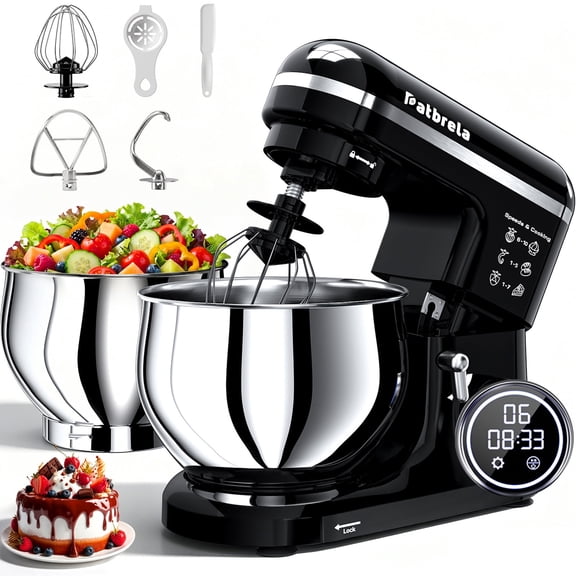 Patbrela Electric Stand Mixer, 5.3QT & 3.5QT Dual Bowls, 10-Speed Cake Mixer, LED Display Knob, Dough Hook, Beater, Whisk for Home Kitchen Cooking