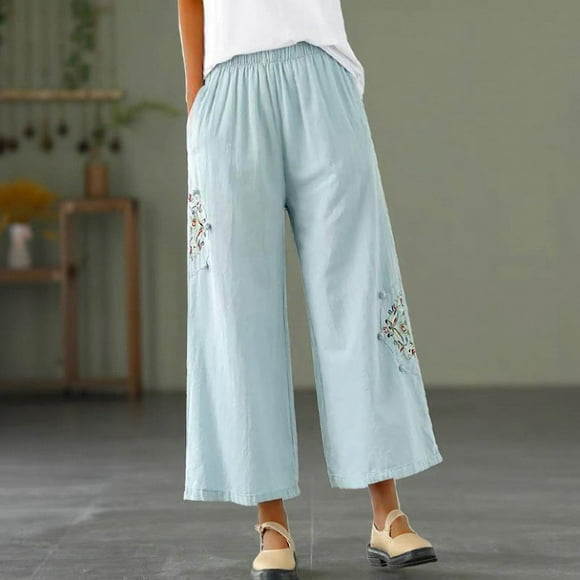 Jsaierl Linen Pants for Women Embroidery Elastic Waist Palazzo Pants Cotton Linen Wide Leg Pants Solid Lounge Pants with Pockets