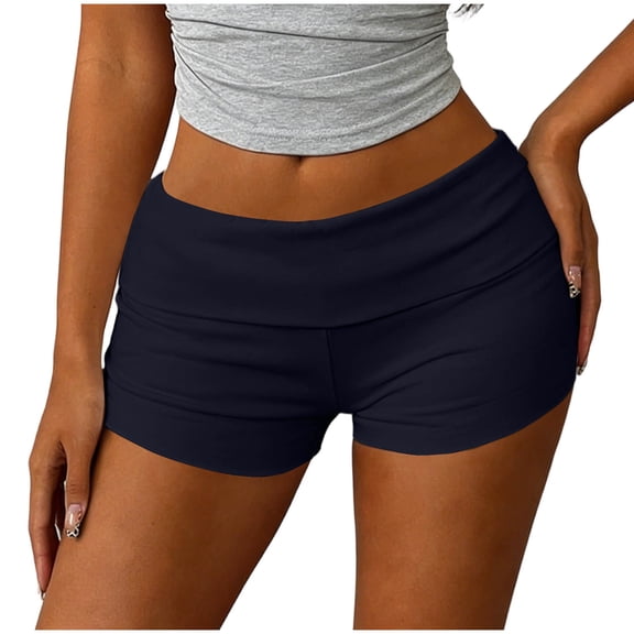 Qgtaibl Womens Mini Shorts Trendy Fold Over Tummy Control Stretchy Shorts Casual Tight Workout Shorts for Bike Yoga Running Navy S
