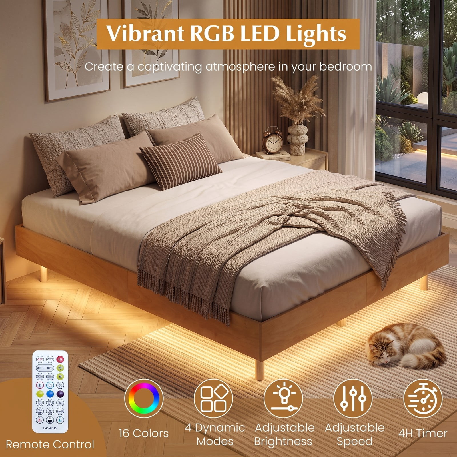 Furnibear Queen Bed Frame Floating Wood Platform Bed with RGB LED Lights and Remote Control, No Box Spring Needed, Natural