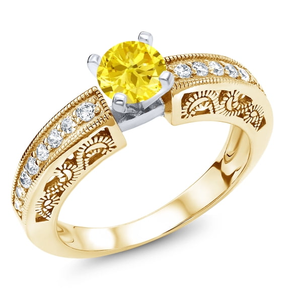 Gem Stone King 2.09 Ct Round Yellow Zirconia 18K Two-Tone Plated Sterling Silver Ring (Size 8)