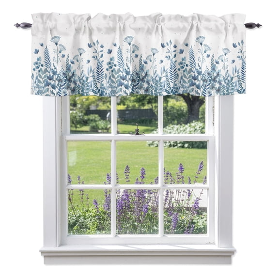 Spring Blue Flower Valances for Windows, Country Watercolor Floral Leaf Garden Valance Window Treatment Rod Pocket Short Curtains Valances for Kitchen Bathroom 42"W x 12"L