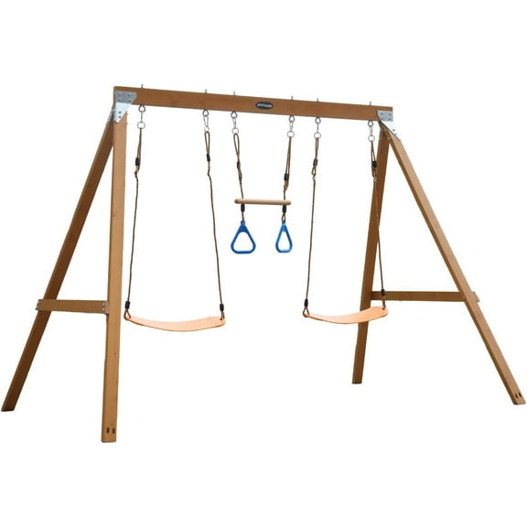Ktaxon Wood A-Frame Swing Set for Backyard, Kids Playset with 2 Belt Swings & Trapeze Bar, 390lbs Capacity