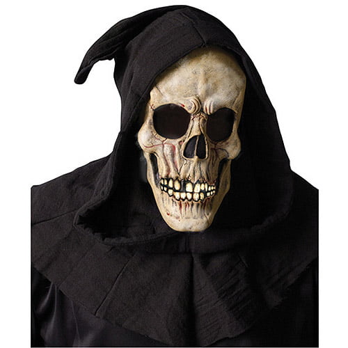 Flesh Tan Shrouded Open Mouth Skull Mask with Hood 