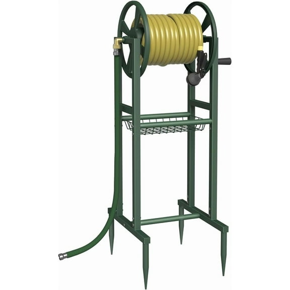 Ground Mount Garden Hose Reel 125 of 5/8-Inch with 3.9 ft Leader Hose, Brass Fitting, Water Hose Holder Stand with Storage Rack & 4 Spikes Base for Outdoor Lawn,