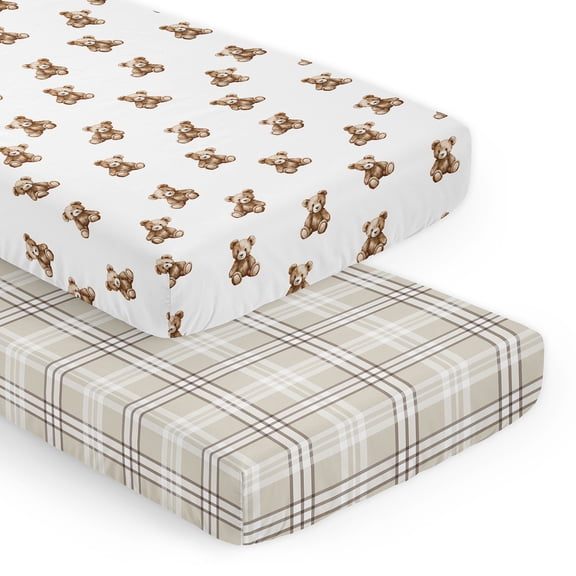 Sweet Jojo Designs Boho Teddy Bear & Plaid Boy, Girl, Unisex/Gender Neutral Fitted Crib Sheets Set 2 Piece