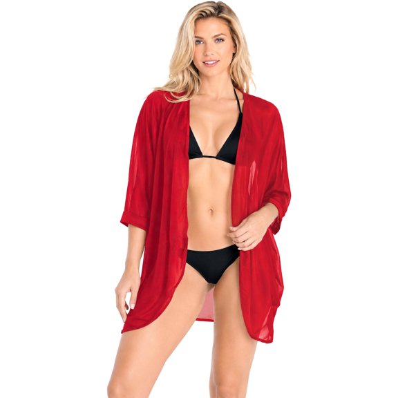 HAPPY BAY Women's Chiffon Summer Beach Open Front Vintage Kimono Beachwear Duster Cardigans for Women L Red, Plain