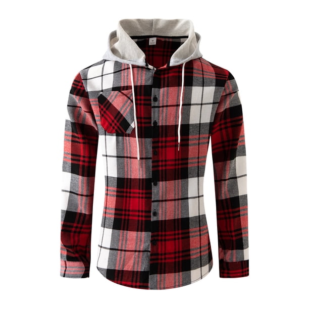 Blusa de manga larga con capucha para hombre, estilo informal, a cuadros, con botones y capucha, de poliéster