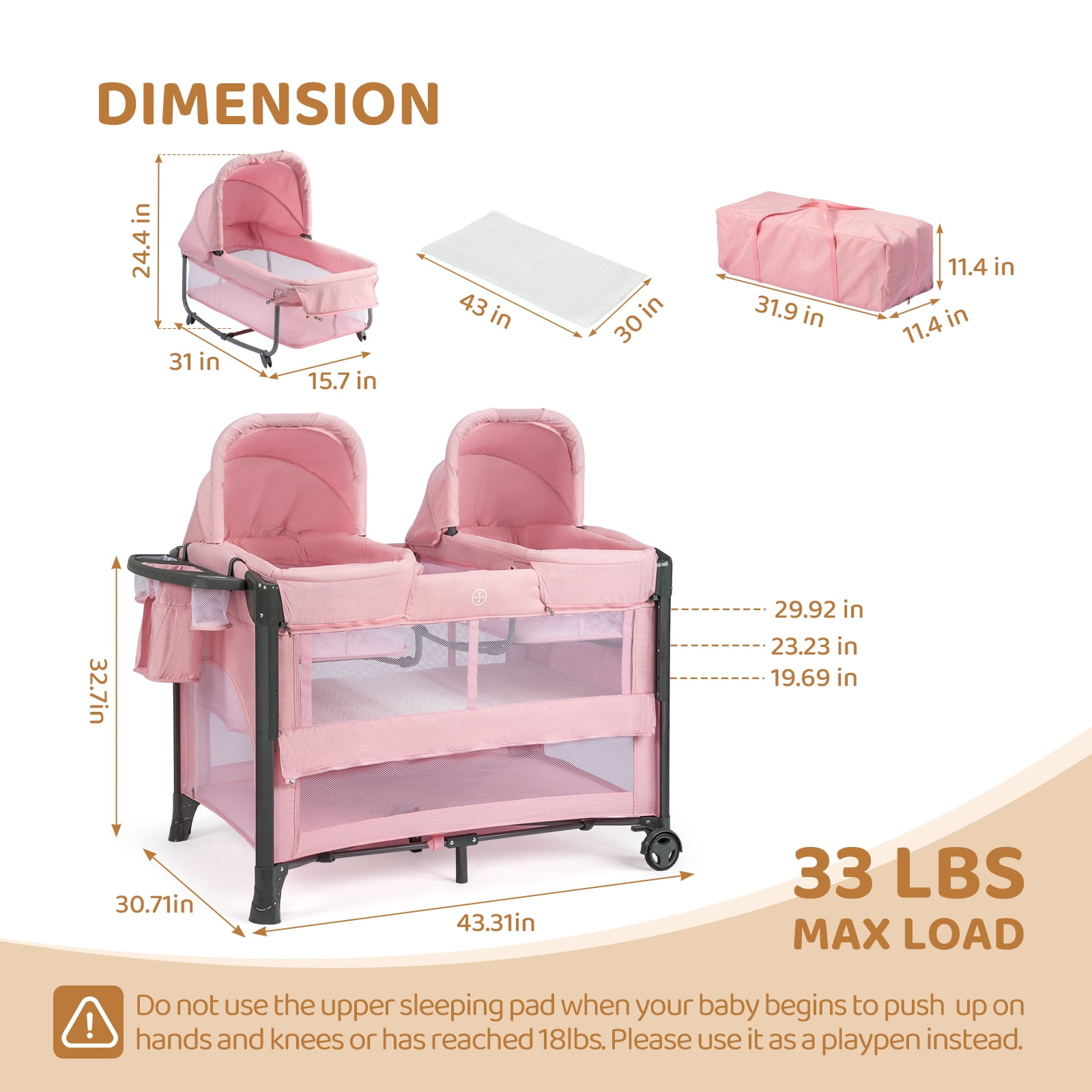 JOYMOR Twin Bassinet for Baby, Double Bassinet for Twins, Pink Bassinet for Girl Infant