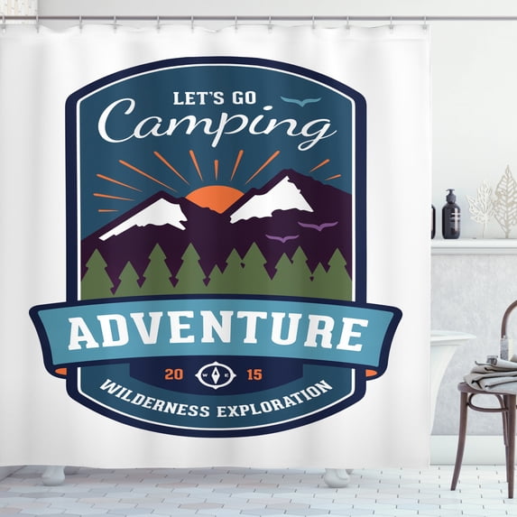 Ambesonne Adventure Shower Curtain, Signboard of Camping Art, 69"Wx84"L, White and Multicolor