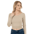 thumbnail image 3 of Women's Stretch Crop Top Pullover Sweater - Long Sleeve Slim Bodycon Crewneck Basic Casual Pullover Solid Cropped Knit Top MK3637-TPE-L, 3 of 5