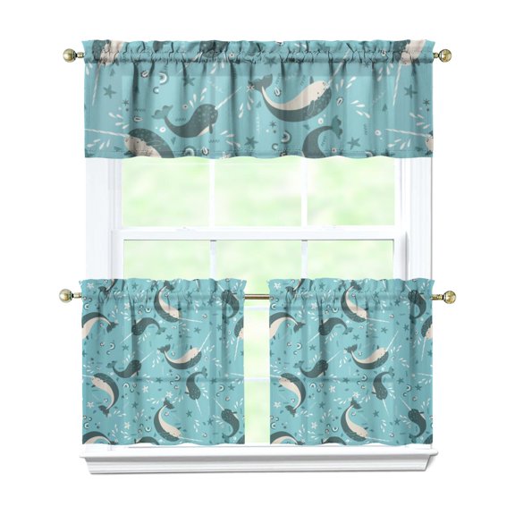 Kitchen Curtains 24 Inch Short - 3 Panel Set, Shark Whale Dolphin Ocean Theme, Rod Pocket Window Curtain, 100% Polyester for Nautical Farmhouse Kitchen, Easy Wash
