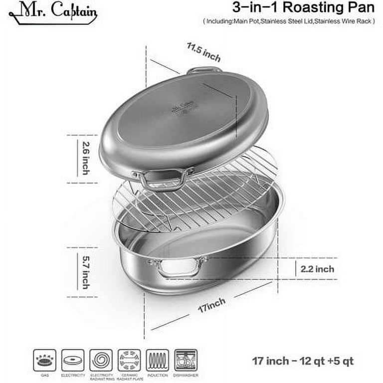 KITESSENSU Nonstick Roasting Pan with Lid - Large Turkey Roaster with Rack  16 x 12 Inch - Heavy Duty Covered Roasting Pot for Oven, Dishwasher Safe