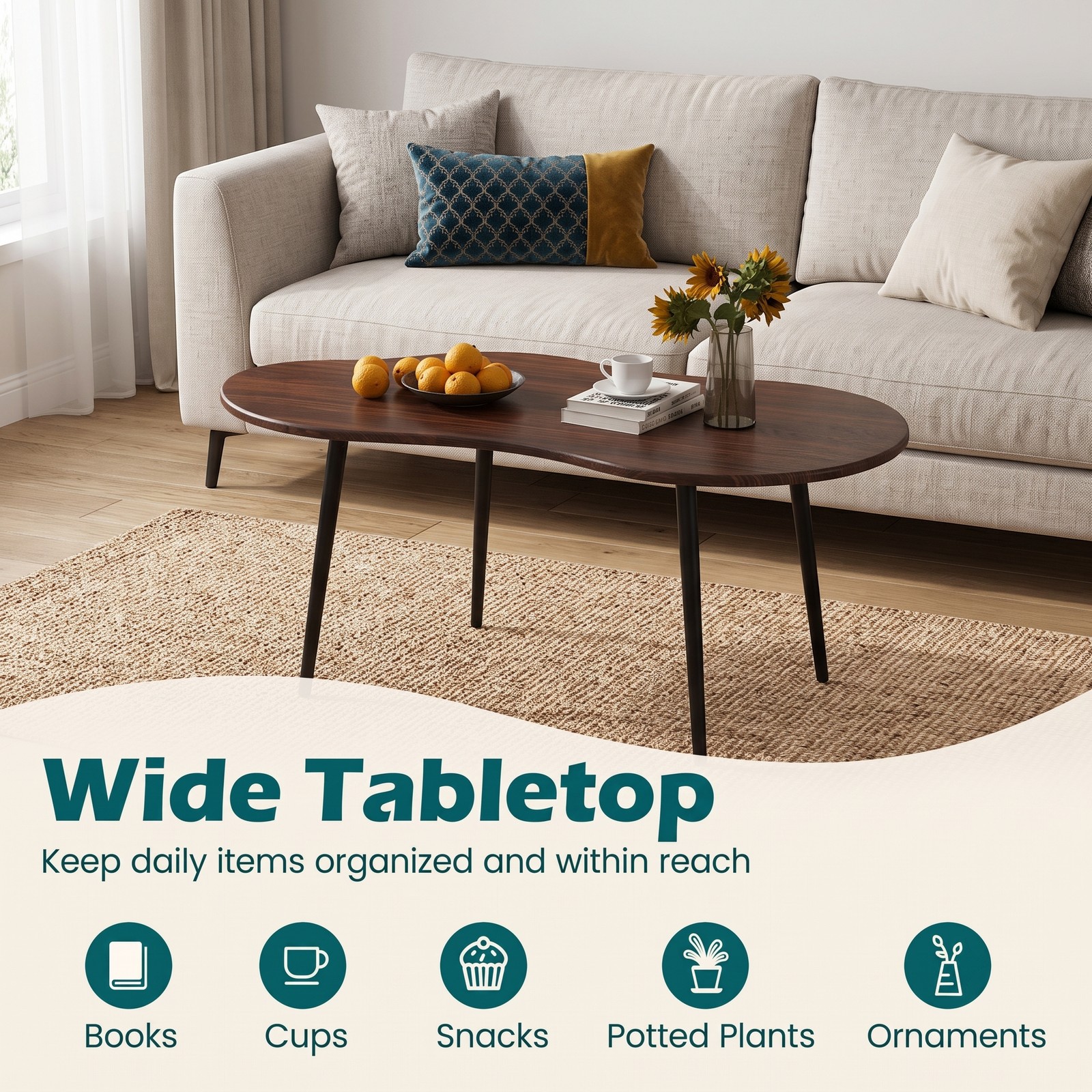 Furnibear Cloud Shape Coffee Table, 39.5 Inch Irregular Free Form Center Table with Heavy-Duty Metal Frame, Wide Wood Tabletop Accent Sofa Side Table for, Walnut
