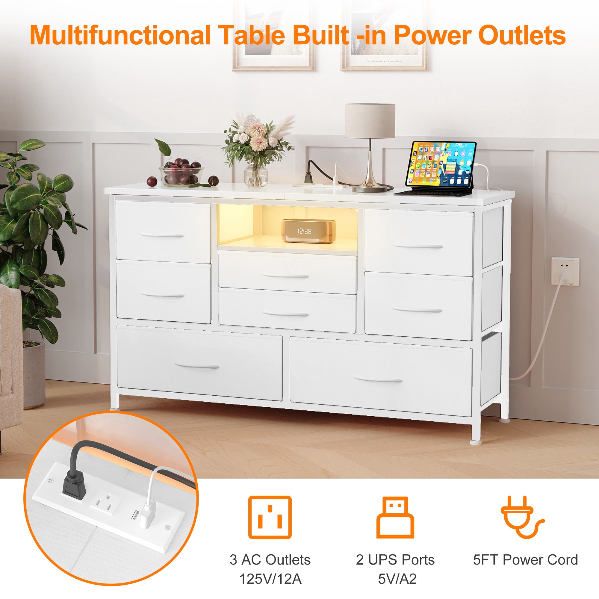 KOKEBREN 47.4"Wide Dressers for Bedroom 8 Fabric Drawers Dresser with LED lights & Power Outlet TV Stand for 55" TV,White