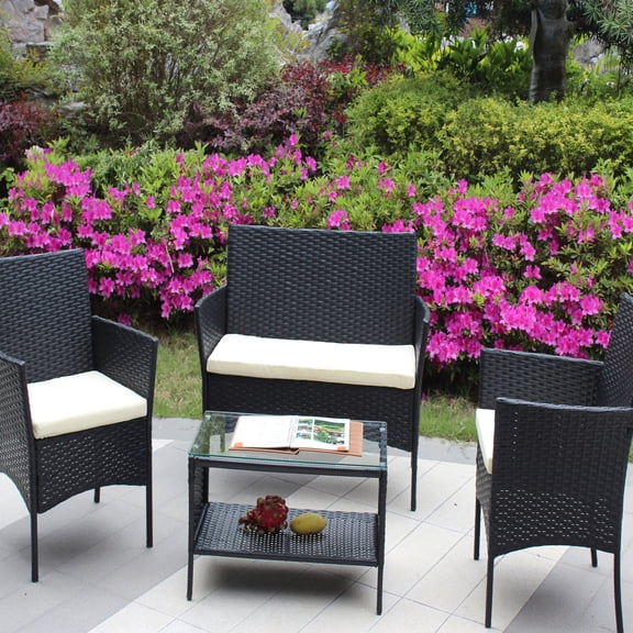 Wicker loveseat, 2 armchairs & tea table / Create a cozy outdoor space