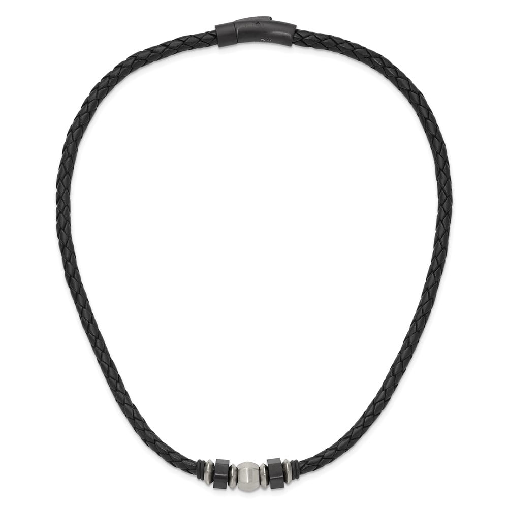 Stainless Steel Cord & Leather Necklace Chain Chisel Brushed Black IP-plated and Rubber 19.25 inch 11 mm