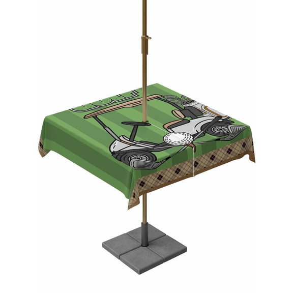 Outdoor Tablecloth with Umbrella Hole and Zipper, Golf Balls Waterproof Patio Tablecloth for Dining 60''x60'', Green Sports Art Truck Brown Lattice Wipeable Table Cover for Picnic BBQ Party Patio