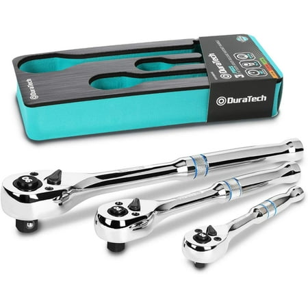 

DURATECH 3-Piece Ratchet Set 1/4 3/8 1/2 Drive Ratchet Handle 90-Tooth Quick-release Reversible CR-V with EVA Organizer