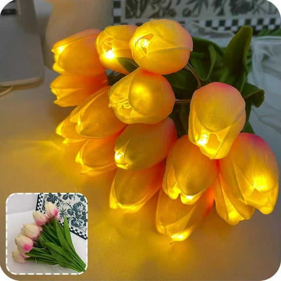 Artificial Tulips with Light, Set of 10 Tulips Artificial PU Flowers, Real Touch Tulip Bouquet, Flower Lamp Gifts for Mom, Battery Operated, Holiday Home Kitchen Wedding Centerpiece Decor