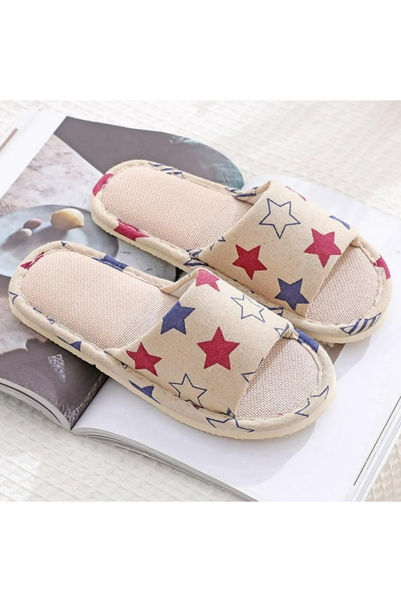 Women Slippers Soft Open Toe Anti-Slip Indoor Outdoor Floral Linen Casual Home Shoes