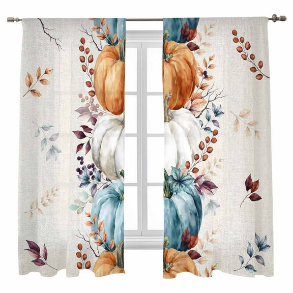 Sheer Curtains 72 inches Long, Fall Thanksgiving Watercolor Pumpkin Leaf Linen Texture Light Filtering Sheer Window Curtains Rod Pocket Voile Drapes for Bedroom Living Room, 52"W x 72"L 2 Panels