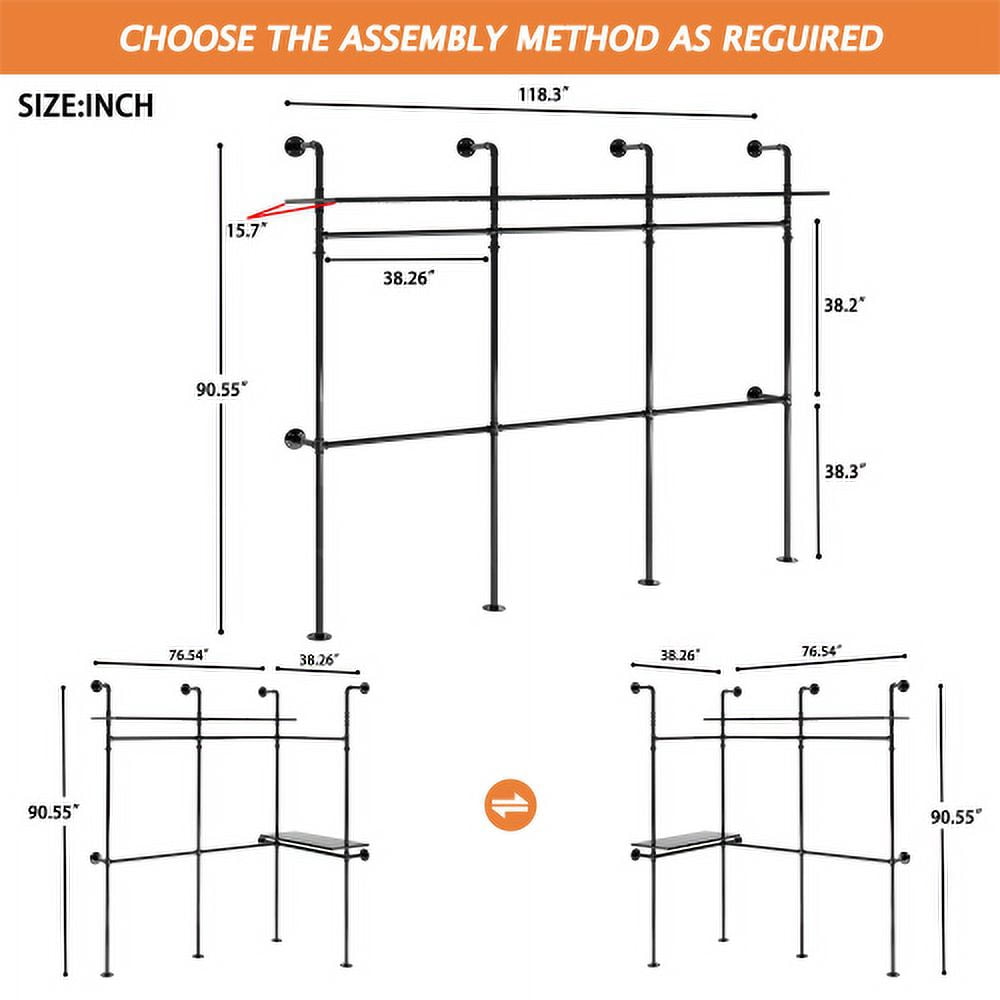 118.3" Industrial Pipe Clothing Rack, Reversible Heavy-Duty Walk-in Closet System with RGB LED Lights & Shelves, 3-Tier Garment Rack, Black