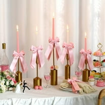 AuroraX Pink 6 Pcs Valentine'S Day Double Layer Ribbon Bows Romantic Silk Taper Candle Holder Accents Decor for Wedding and Dinner Centerpieces