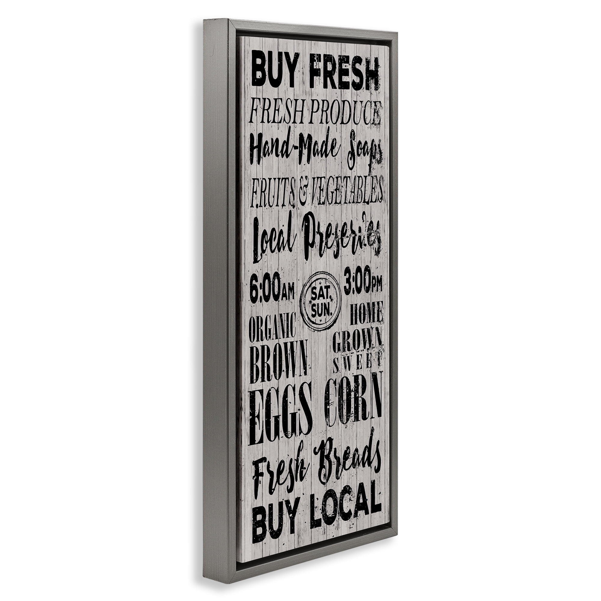 Stupell Industries Buy Farm Fresh Typography Painting Gray Floater Framed Canvas Art Print Wall Art, 11 x 25