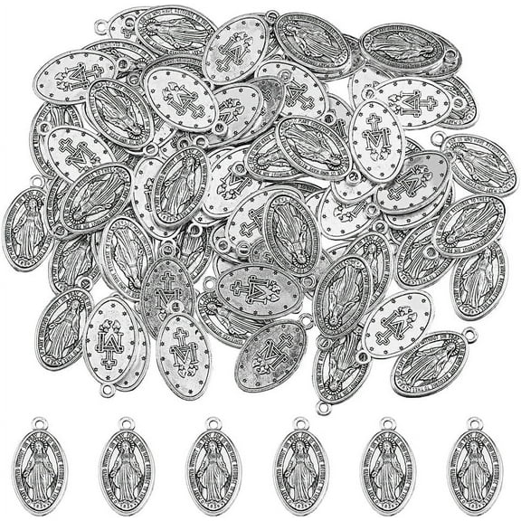 1Box 80pcs Antique Silver Alloy Religious Oval Medal Religious Virgin Mary Pendant Milagrosa Medals Pray for DIY Jewelry Making Hole: 1.8mm