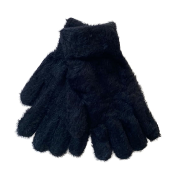 Women's Fuzzy Black Winter Gloves, Furry-Lined Fluffy Gloves-For Her