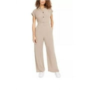 Monteau Women's Petite Button Front Linen Blend Wide Leg Jumpsuit Beige Size X-Large