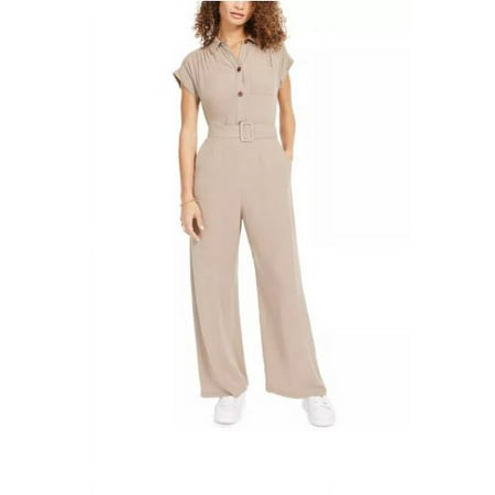 Monteau Women's Petite Button Front Linen Blend Wide Leg Jumpsuit Beige Size X-Large