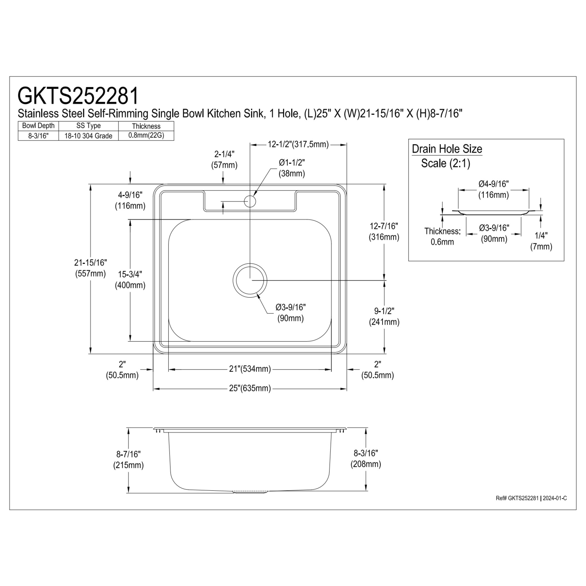 Gourmetier GKTS252281 Studio 25" Stainless Steel Self-Rimming Single Bowl Drop-In Kitchen Sink, Brushed
