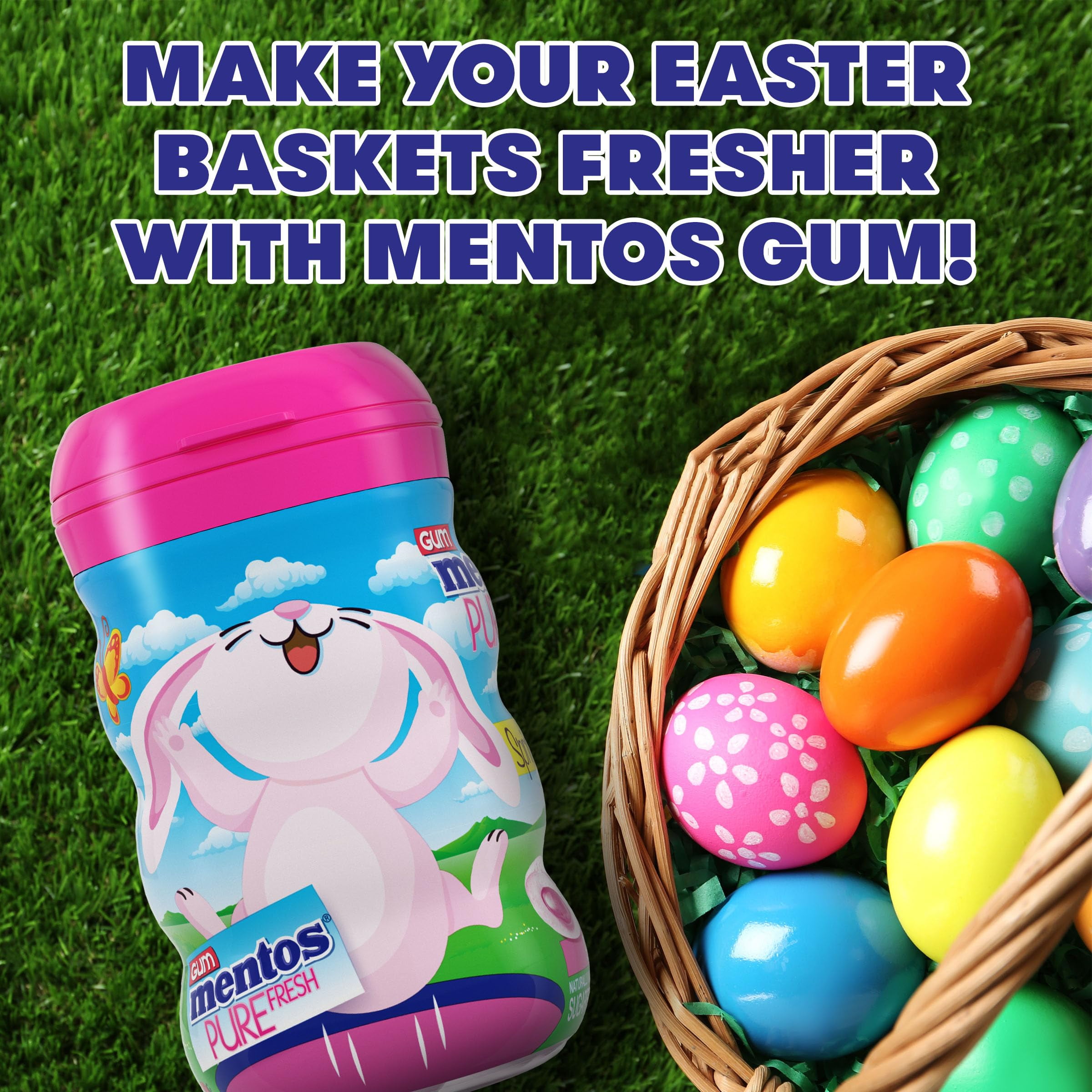 Mentos Pure Fresh Spring Edition Sugar-Free Chewing Gum with Xylitol, Bubble Fresh Flavor, Easter, Bunny Bottle, 50 Piece Bottle (Bulk Pack of 4)
