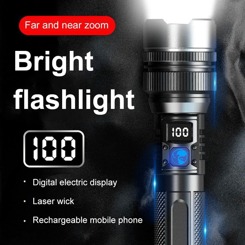2-in-1 Strong Flashlight , LED Rechargeable Flashlights, IPX7 Waterproof Flashlights, 2-in-1 High Lumens, Power Bank and Digital Display, Suitable Outdoor Camping