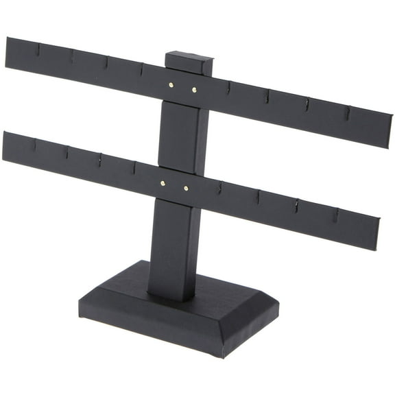 Plymor Black Faux Leather Double T-Bar, Eight Pair Earring Display Stand, 10.25" W x 6.5" H