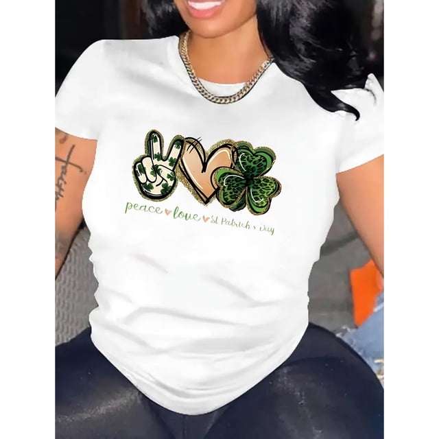 Camiseta De Mujer Camisetas Femeninas Verano Estampado De Ropa Casual Con Cuello Redondo1pc Women'S Casual Crew Neck T-Shirt with Peace Love St. Patrick'S Day Print, Polyester Knit Fabric, Medium St