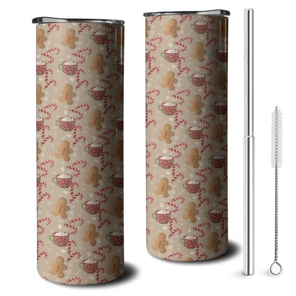 20oz Brown Christmas Gingerbread and Drink Pattern Skinny Tumblers Stainless Steel Tumbler with Lid and Straw,Vacuum Insulated Double Wall Travel Tumbler Cups with Cleaning Brush for Coffee,Tea