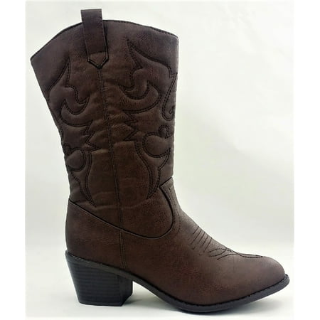 BDW-14W Western Cowboy Cowgirl Mid Calf Pointed Toe Stitched Boots Brown