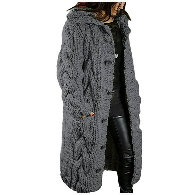 Women‘s Long Large Classic Cardigans Cable Knit Hood Sweater Oversized Button Duster Coat with Pocket 2024
