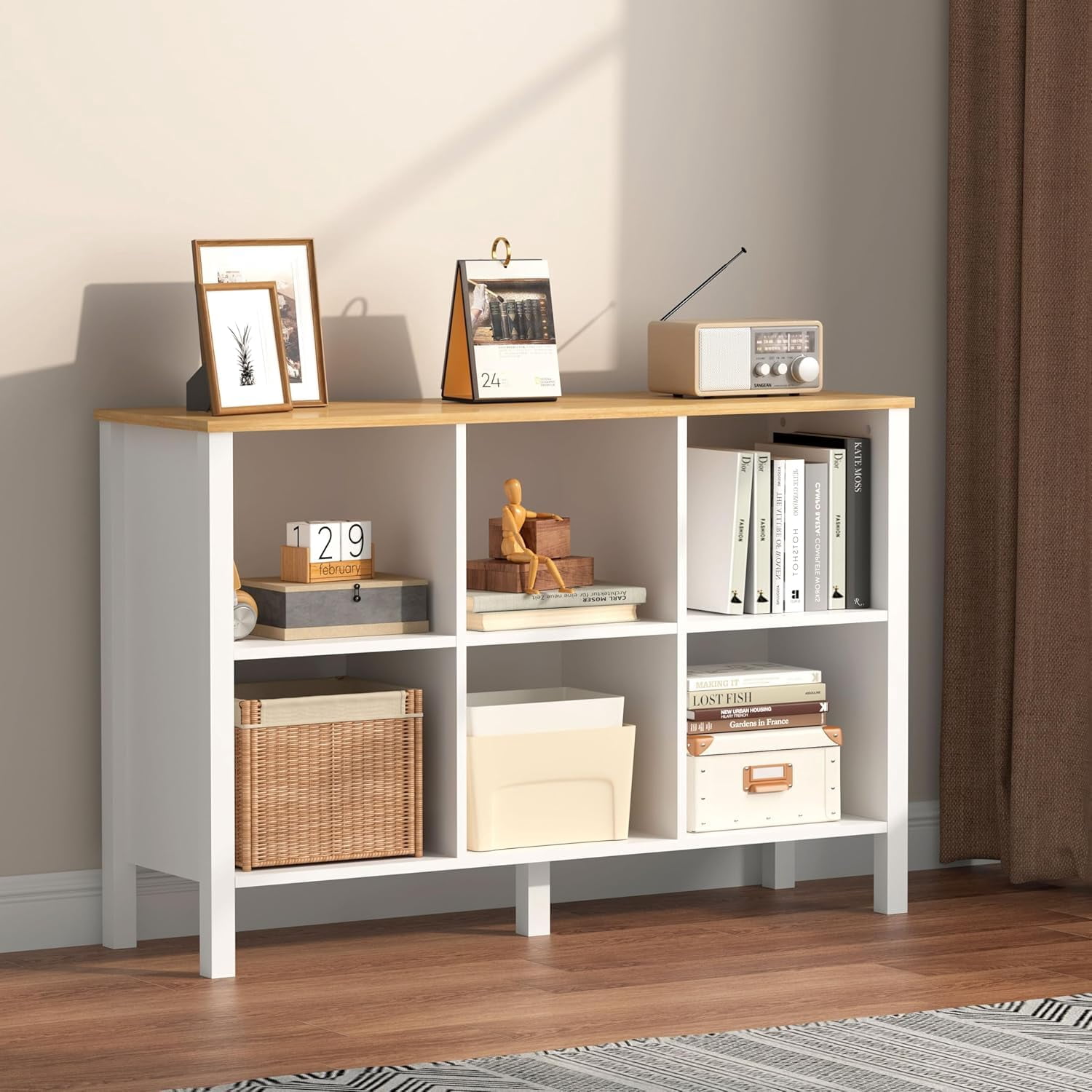 NEWADARA 6-Cube Bookcase, Farmhouse Wooden Bookshelf Low Storage Organizer, 45" Horizontal White Console with Legs, Hallway Book Case for Entryway, Display Cabinet for Living Room (White, 6-Cube)