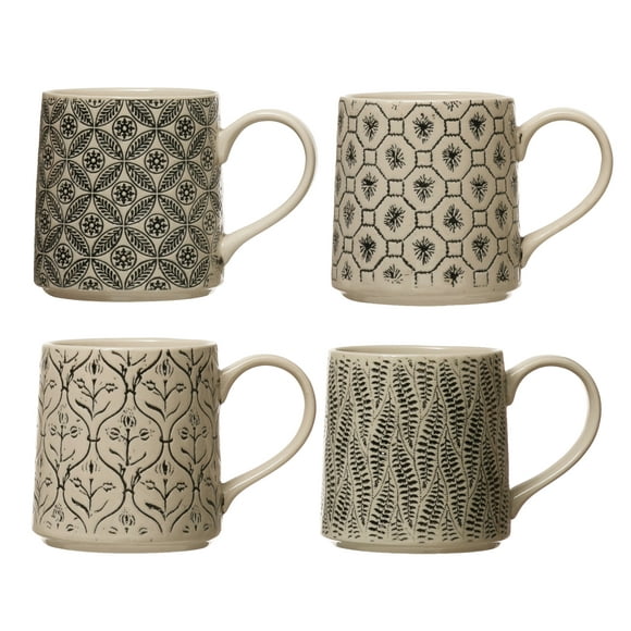 Creative Co-Op Set of 4, Stoneware Mug, 4 Styles