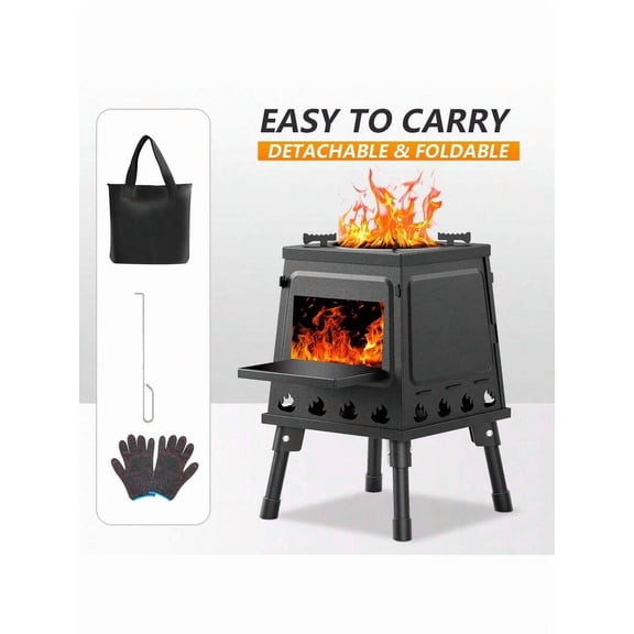 Wood Burning Stove for Camping and Outdoor Cooking, Small Portable Cast Iron Wood Burning Camp Stove with Carrying Bag and Adjustable Pot Holders