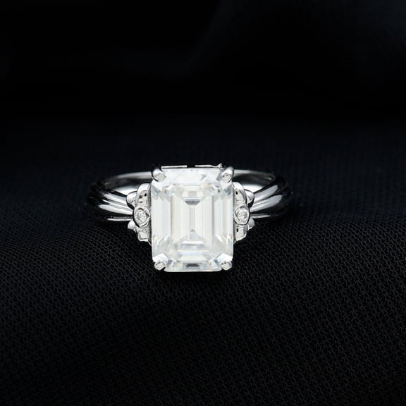Kalapi Jewel 14K White Gold Plated Emerald Cut 1.4 Ct Moissanite Solitaire Engagement Ring for Women – Elegant Side Stone Wedding Ring with Prong Setting – Ideal Gift Jewelry